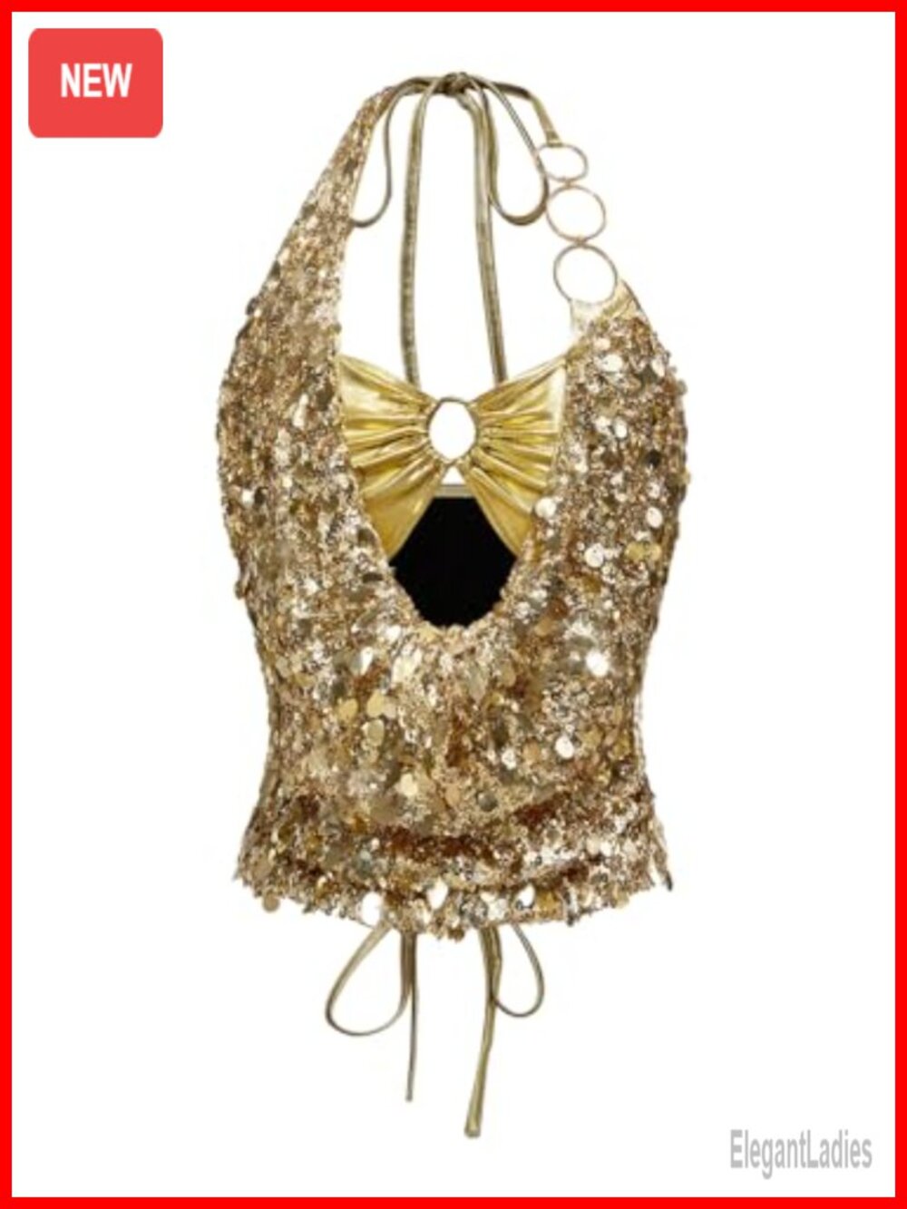 Metallic Glitter Sequin Halter Top Ring Linked Backless Party Tank